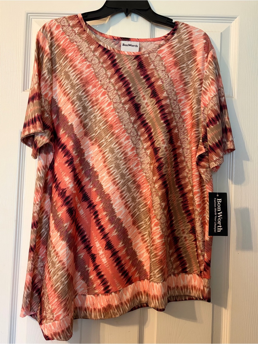 New: BonWorth Coral Pink Brown Multi-Stripe Short Sleeve Top